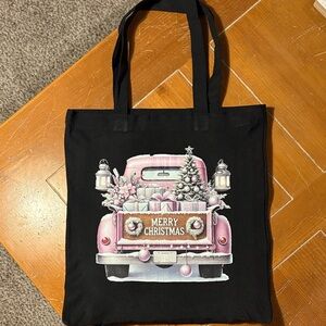 Black Tote Bag with Pink Christmas Truck Design